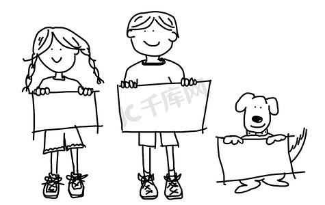 孩子和狗摄影照片_孩子和狗举着空标牌插图