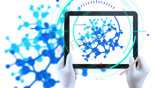 医生元素摄影照片_医生手使用平板电脑显示 molacuiles 结构