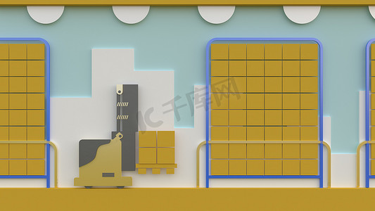 3d 渲染，3d 插画，黄色叉车起重物品安排在仓库中。