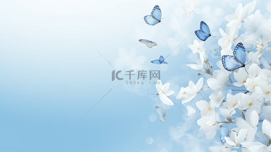 樱花节门楼背景图片_白色樱花和蝴蝶蓝色清新梦幻花草背景