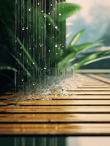 竹植物背景图片_电商空景镜头背景绿色竹子水流竹板展台