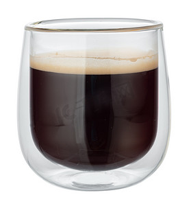咖啡液体摄影照片_玻璃杯浓缩咖啡隔离在白色