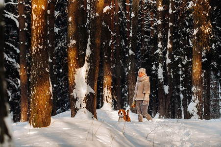 宠物狗玩耍摄影照片_一个冬天的女人和她的宠物狗比格犬在冬季森林里玩耍