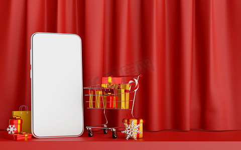 智能手机概念网上圣诞购物圣诞海报，3D 插图