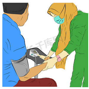 矢量手绘草图，坐着的人做体检，使用头巾和面罩站立护士