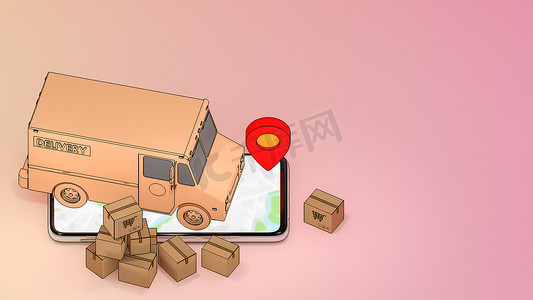 带有许多纸盒和红色别针指针的手机和卡车货车。在线移动应用订购运输服务以及在线购物和交付概念。3D 渲染。