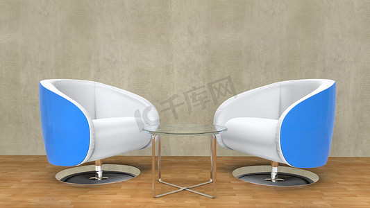 客厅内饰摄影照片_侧面带有蓝色细节的现代白色扶手椅 - 起居室
