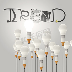 铅笔电灯泡 3d 和设计词趋势作为概念