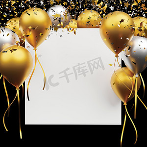 金色和银色气球，带有铝箔五彩纸屑，黑色背景 3d 渲染上带有空白横幅