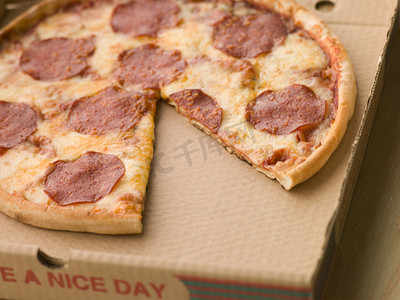 外卖盒中的意大利辣香肠披萨（带切片）