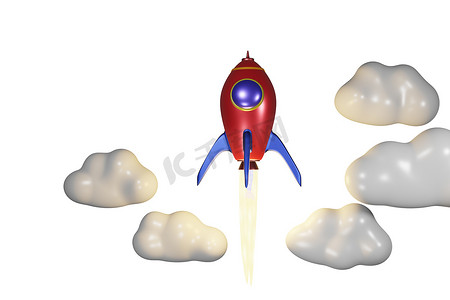 带火焰火箭摄影照片_白色孤立背景上带云的弹道发射红色火箭