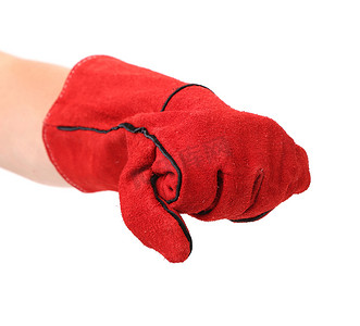 结冰的衣服摄影照片_红色保暖手套。