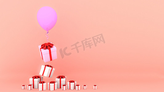 粉红色柔和背景上带红丝带和粉红色气球的白色礼盒。最小的圣诞节和新年概念。3D 渲染。