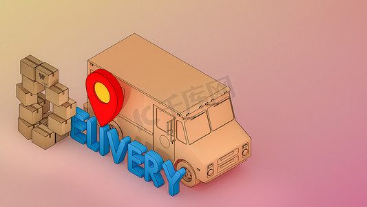 包裹盒排列成 D 形，带有送货字体和红色别针指针。在线购物和送货概念。3D 渲染。