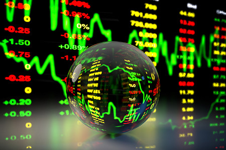 仿真水晶球摄影照片_水晶球与股票市场图表背景，3D 渲染