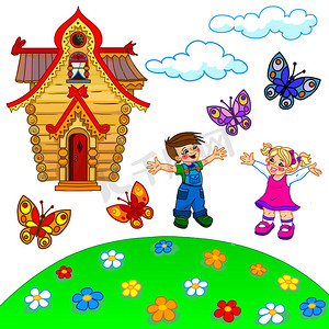 卡通草坪、孩子、房子、云彩和蝴蝶的插图