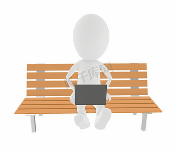 角色坐摄影照片_坐在木凳上使用笔记本电脑的 3d 角色