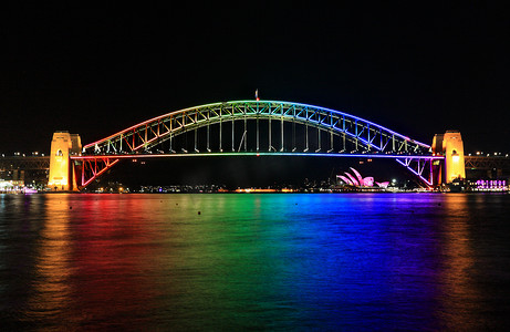 缤纷悉尼灯光秀 (Vivid Sydn) 期间，标志性的悉尼海港大桥呈彩虹色