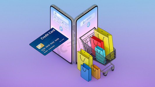 购物车中的许多购物袋、价格标签和信用卡都出现在智能手机屏幕上。在线购物或购物狂概念。3d 插图与对象剪切路径。