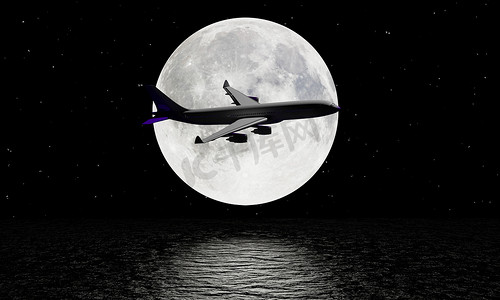 月亮飞机摄影照片_白色客机剪影 飞过满月。