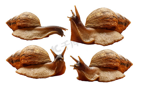 白色背景中的 Achatina reticulata 黑头蜗牛四种不同的物种，一种巨大的非洲大蜗牛，有一个大的条纹壳