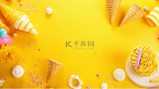 夏天冰淇淋甜点明黄色背景