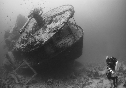 一艘大型 WWII 沉船的船尾与潜水员