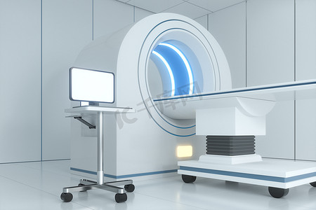 白色空房间中的医疗设备 CT 机，3d 渲染。