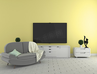 柜子上的电视 — 黄墙背景的现代客厅