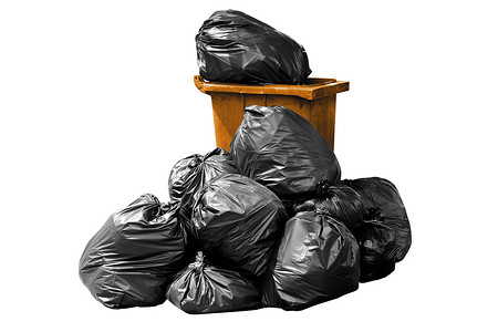 垃圾袋垃圾橙色，垃圾桶，垃圾，垃圾，垃圾，塑料袋堆隔离在背景白色