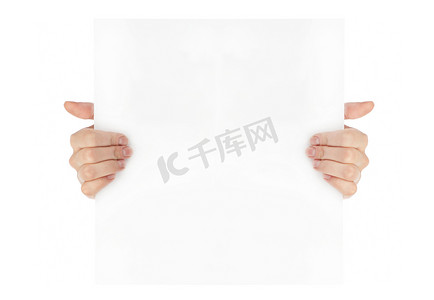 手臂设计摄影照片_广告：手拿着白色的空纸