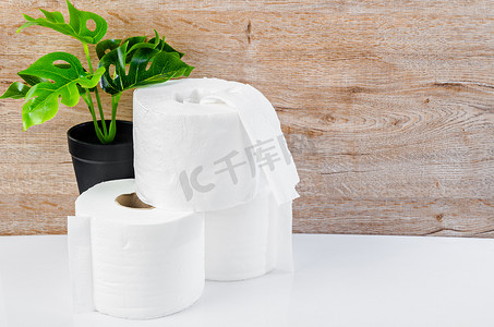 白色厨房纸巾、卫生纸、纸巾、棉垫和绿叶。