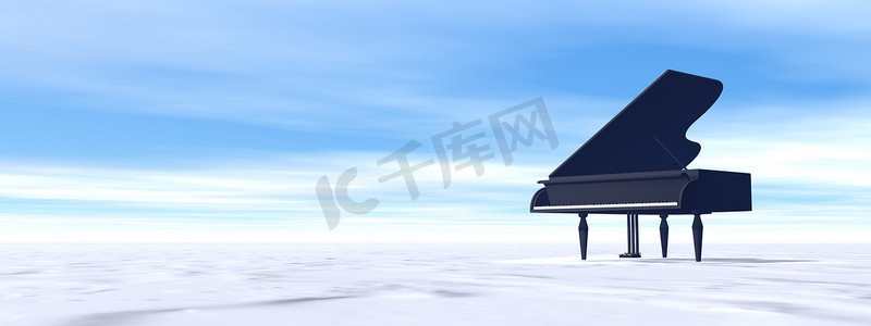 云纹古典祥云图案摄影照片_冬季自然中的古典黑色三角钢琴 — 3D渲染