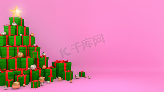 带红丝带的绿色礼盒，呈粉红色背景的圣诞树形状。3D 渲染