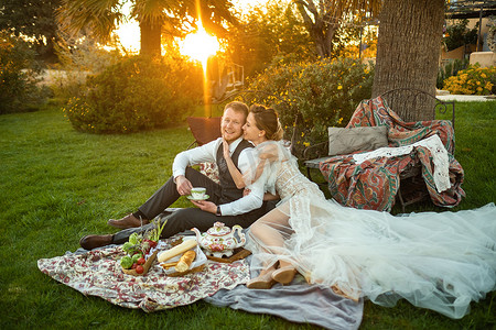 新婚夫妇在日落时分在草坪上共进晚餐。法国日落时分，一对夫妇坐在一起喝茶