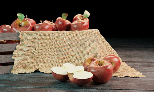 木箱中的红苹果，木质表面采用黑森织物。