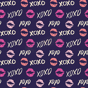 XOXO 刷字标志无缝图案、垃圾书法拥抱和亲吻短语、互联网俚语缩写 XOXO 符号、白色背景上孤立的矢量插图