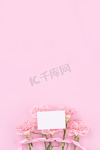 情人节粉色清新摄影照片_美丽、清新优雅的康乃馨花束与白色问候感谢礼品卡隔离在明亮的粉红色背景、顶视图、平躺概念。