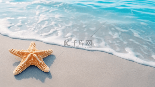 黄色的沙滩背景图片_沙滩上的海星蓝色海水背景
