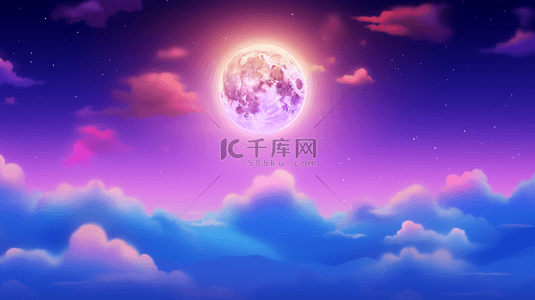 紫色梦幻天空背景图片_梦幻天空上明亮的月球