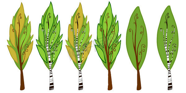 树叶卡通树叶摄影照片_六棵卡通树的插图