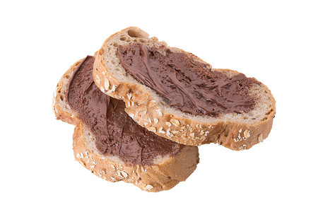 巧克力奶油涂在棕色全麦面包片分离物上