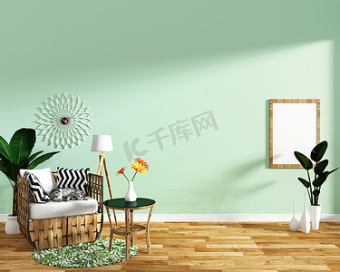 带扶手椅装饰和绿色 p 的现代客厅内饰