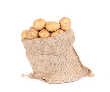 成熟的土豆装在麻布袋里。