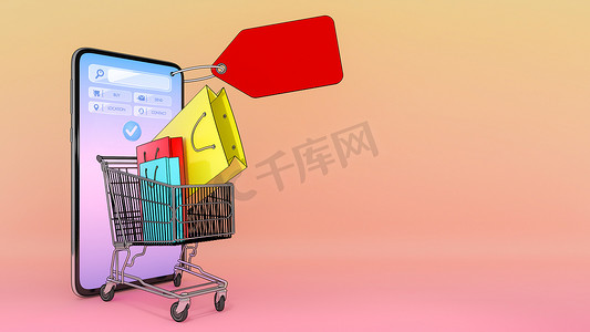 购物车中的许多购物袋和价格标签都出现在智能手机屏幕上。在线购物或购物狂概念。，带有对象剪切路径的 3d 插图。