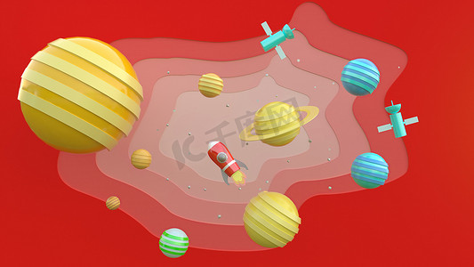 3D 渲染、3D 插画、红色宇宙飞船、太空卡通与行星和流星