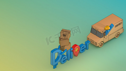 带有货车和许多包裹箱的卡通人物送货字体。在线移动应用订购运输服务，3D 渲染。