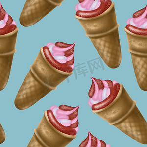 蓝色背景上不同形状和颜色的插图数字绘图冰淇淋无缝图案