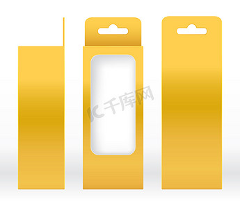 三模板摄影照片_挂盒金色窗口形状切出包装模板空白。