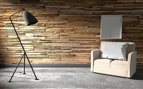 漂浮沙发摄影照片_带灯和沙发的石墙室内 3D 渲染